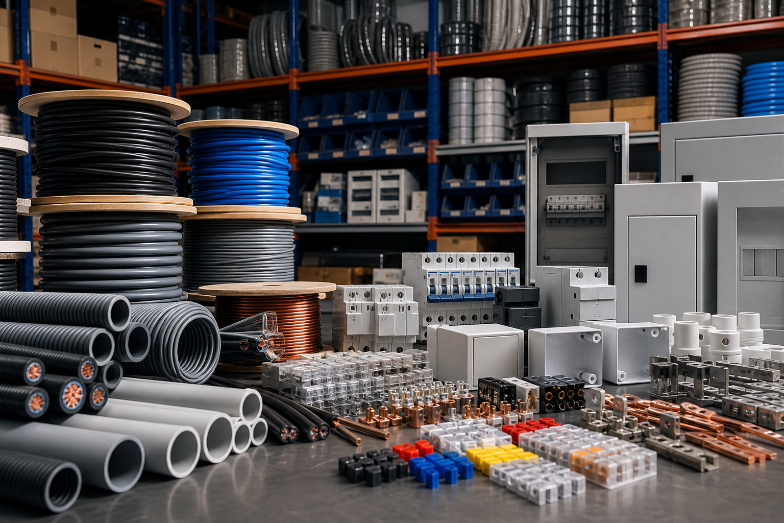 Materiais elétricos organizados em estoque